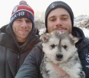 Gus Kenworthy and boyfriend Matt Wilkas with puppy Beemo