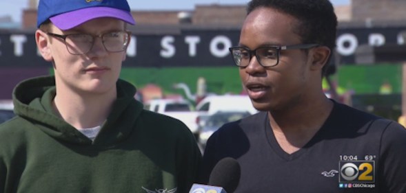 Kendall Anderson and Peder Sevig were asked to leave a Chicago restaurant after they hugged each other. (CBS Chicago/YouTube)