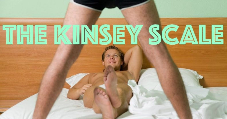 A shirtless gay man in bed with another man stood over him and the words 'The Kinsey Scale' written over the top