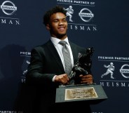 Kyler Murray of Oklahoma poses for a photo after winning the 2018 Heisman Trophy on December 8