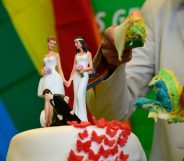 Delegates of the Greens cut a wedding cake in rainbow colors