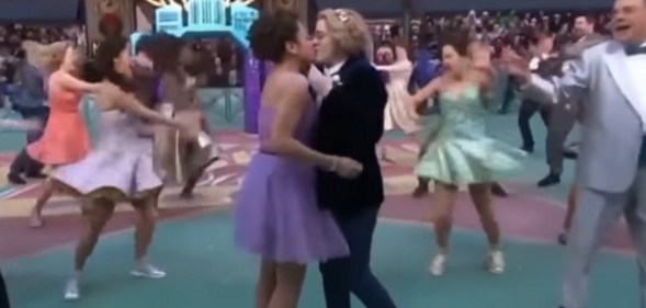 Two women kiss during a performance of "Build a Prom" at the Macy’s Thanksgiving Day Parade