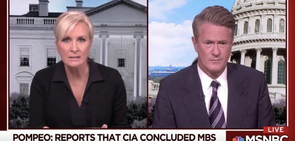 A screenshot from Morning Joe when host Mika Brzezinski called Secretary of State Mike Pompeo a "wannabe dictator's butt boy."
