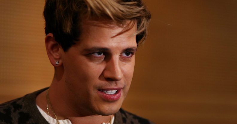Milo Yiannopoulos reacts during a press conference on arrival at the Sydney International Airport on November 29, 2017
