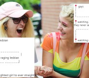 A photo of two women holding hands, overlaid with some examples of a gay meme