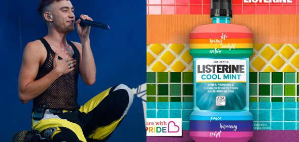 Olly Alexander kneeling on stage and a rainbow Listerine bottle