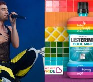 Olly Alexander kneeling on stage and a rainbow Listerine bottle