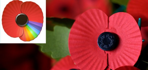 A rainbow poppy, and poppies being packaged at the Royal British Legion.