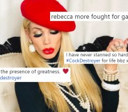 Porn star Rebecca More poses with overlaid tweets