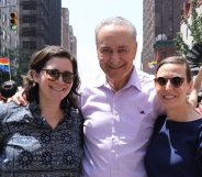 Alison Schumer poses with her father Senator Chuck Schumer and her fiancée Elizabeth Weiland at the NYC Pride Parade.