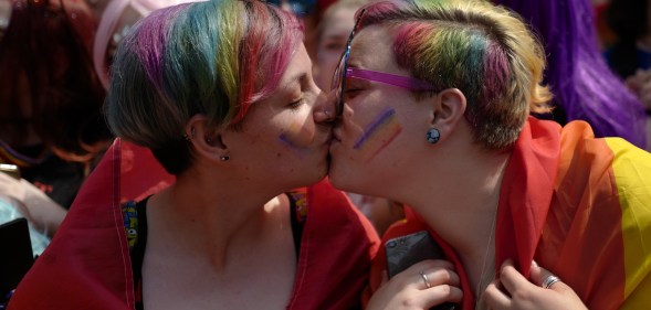LGBT statistics: Two attendees kiss at the annual Pride Parade in London on July 7, 2018