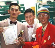 Taiwans gay activist Chi Chia-Wei signs a wedding certificate for Shane Lin and Marc Yuan. )