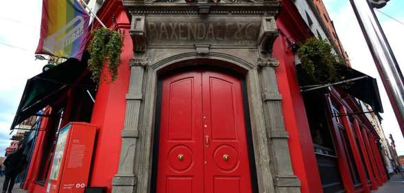 Panti Bar's door, displaying pride flags.