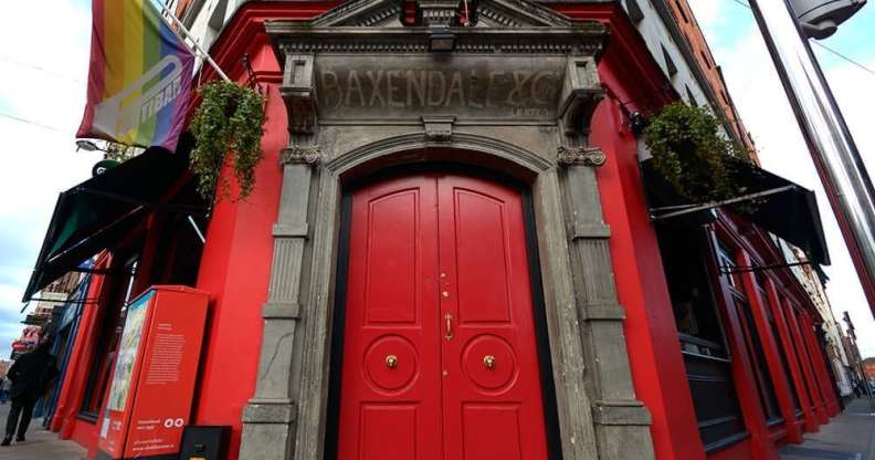 Panti Bar's door, displaying pride flags.