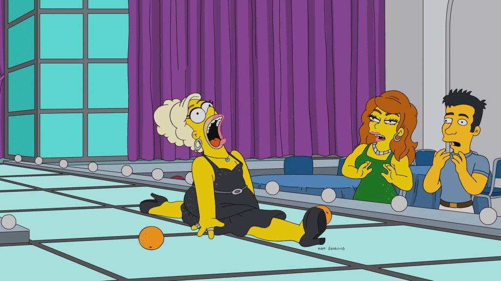 Homer Simpson in drag, sashaying down the catwalk