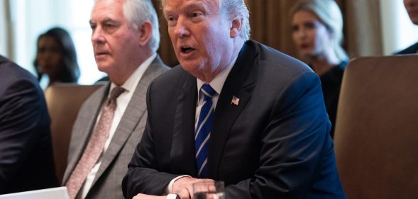 US President Donald Trump announces US Army Lieutenant General H.R. McMaster (L) as his national security adviser at his Mar-a-Lago resort in Palm Beach, Florida, on February 20, 2017. / AFP / NICHOLAS KAMM (Photo credit should read NICHOLAS KAMM/AFP/Getty Images)