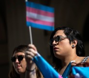 LGBT activists rally in support of transgender people on the steps of New York City Hall in October 2018