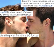 A picture of two men kissing overlaid with tweets about logging off Tumblr because of its porn ban