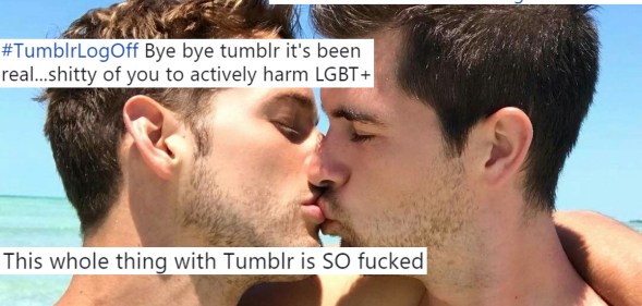 A picture of two men kissing overlaid with tweets about logging off Tumblr because of its porn ban
