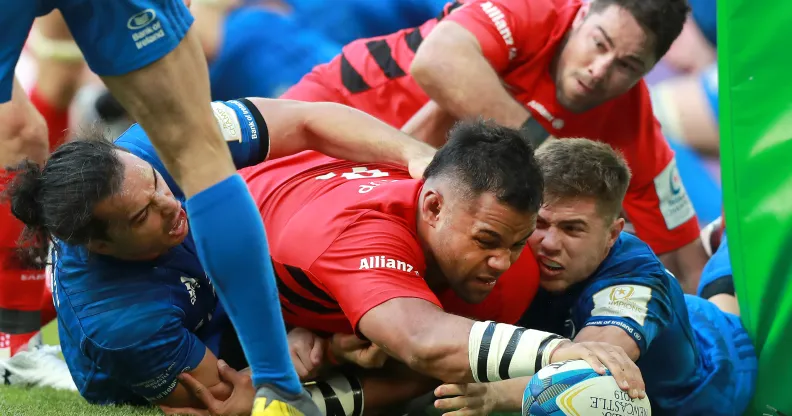Billy Vunipola of Saracens touches down to score his team's second try during the Champions Cup Final match between Saracens and Leinster at St. James Park on May 11, 2019 in Newcastle upon Tyne, United Kingdom.