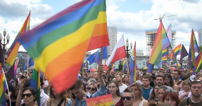 people gathered in the center of Warsaw, Poland on July 27, 2019 in support of LGBT rights following a pride march turned violent in the city of Bialystok