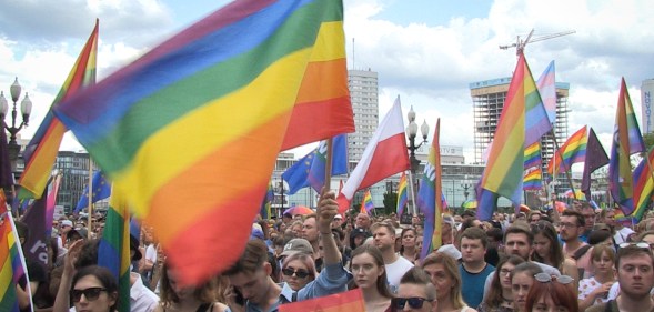 people gathered in the center of Warsaw, Poland on July 27, 2019 in support of LGBT rights following a pride march turned violent in the city of Bialystok