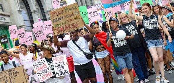 Transphobia and homophobia are linked: Parade goers during Pride in London 2019 on July 06, 2019 in London, England.