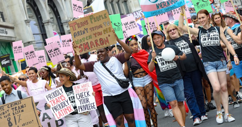 Transphobia and homophobia are linked: Parade goers during Pride in London 2019 on July 06, 2019 in London, England.