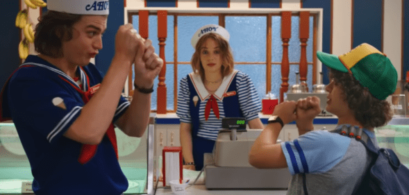 Joe Keery as Steve Harrington, Maya Hawke as Robin and Gaten Matarazzo as Dustin Henderson in Netflix fantasy horror Stranger Things