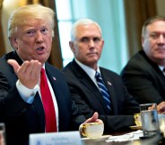 President Donald Trump speaks alongside Vice President Mike Pence and Secretary of State Mike Pompeo