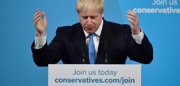 Newly elected British Prime Minister Boris Johnson speaks during the Conservative Leadership announcement at the QEII Centre on July 23, 2019 in London, England.