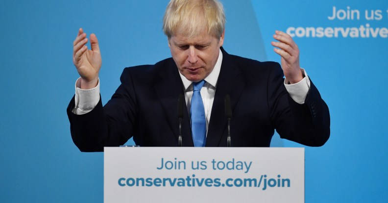 Newly elected British Prime Minister Boris Johnson speaks during the Conservative Leadership announcement at the QEII Centre on July 23, 2019 in London, England.