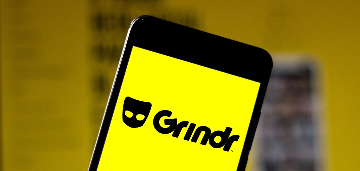 A Grindr logo seen displayed on a smartphone.