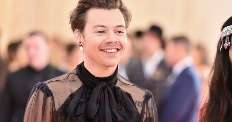 Harry Styles smirks in a lace shirt.