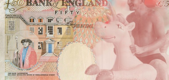 Harry Maguire riding an inflatable unicorn design for £50 note