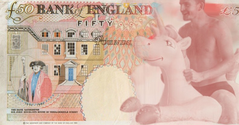 Harry Maguire riding an inflatable unicorn design for £50 note
