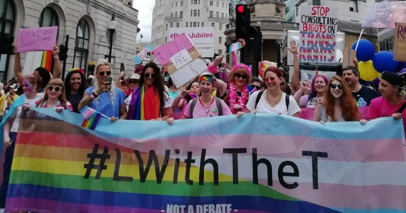 L with the T protesters lead the Pride in London parade