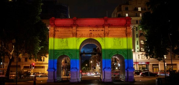 London’s Marble Arch lit up in rainbow colours to celebrate Pride