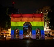 London’s Marble Arch lit up in rainbow colours to celebrate Pride