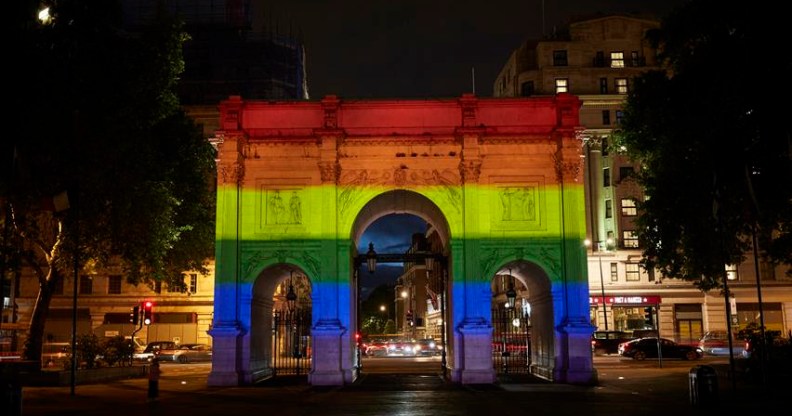 London’s Marble Arch lit up in rainbow colours to celebrate Pride