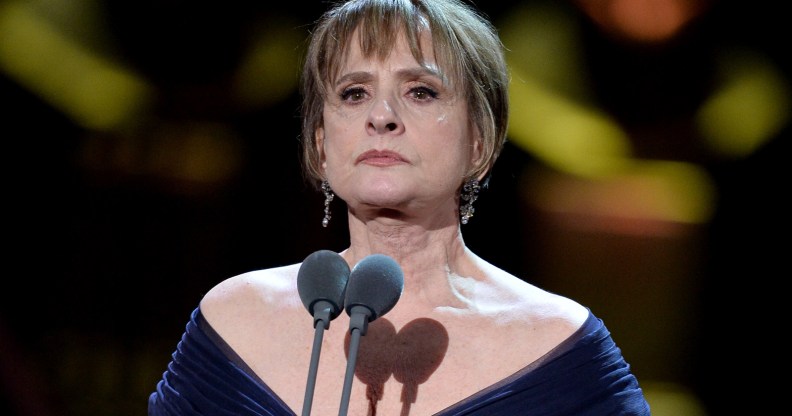 Patti Lupone behind a microphone