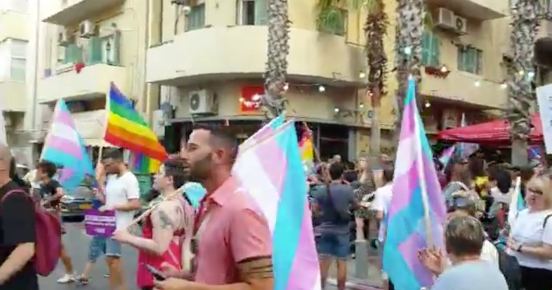 Protestors holding rainbow and trans flags