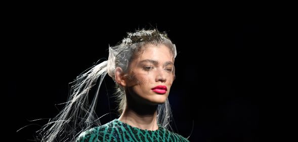 Brazilian model Valentina Sampaio presents a creation from Spanish designer Miguel Marinero's Spring/Summer 2020 collection during the Mercedes Benz Fashion Week in Madrid on July 10, 2019.