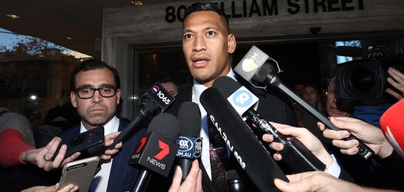 Israel Folau speaks to media following aconciliation meeting with Rugby Australia at Fair Work Commission on June 28, 2019 in Sydney, Australia.