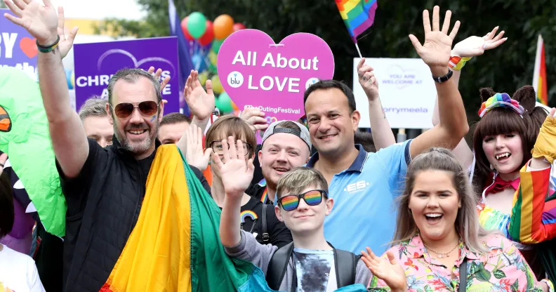 Ireland's Taoiseach Leo Varadkar (CR) joins members of the LGBT+ community and supporters as they take part in the Belfast Pride Parade 2019 in Belfast, Northern Ireland on August 3, 2019.