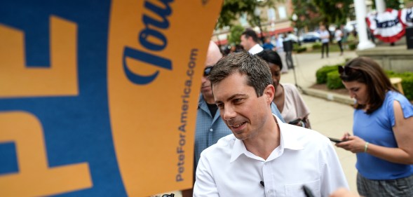 Democratic presidential candidate and South Bend, Ind., Mayor Pete Buttigieg talks with attendees at a campaign event in Fairfield, Iowa on Thursday August 15, 2019.