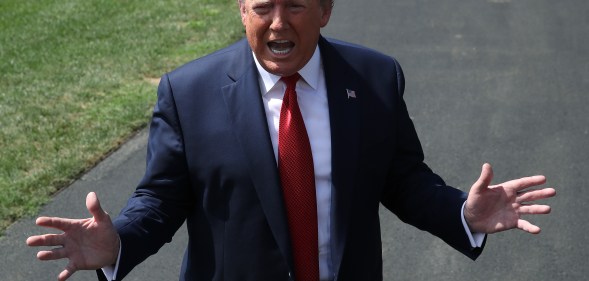 President Donald Trump speaks to the media before departing from the White House on August 21, 2019 in Washington, DC.