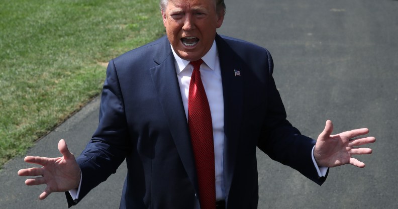 President Donald Trump speaks to the media before departing from the White House on August 21, 2019 in Washington, DC.