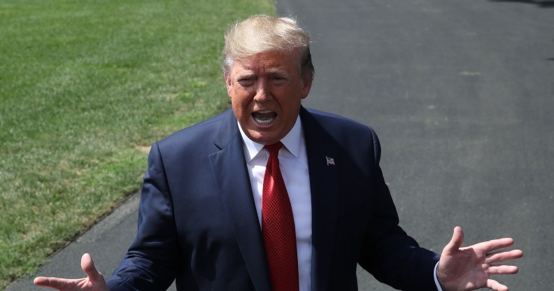 President Donald Trump speaks to the media before departing from the White House on August 21, 2019 in Washington, DC.