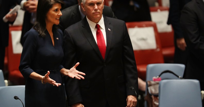 U.S. Vice President Mike Pence stands with then-Ambassador to the United Nations Nikki Haley on September 20, 2017